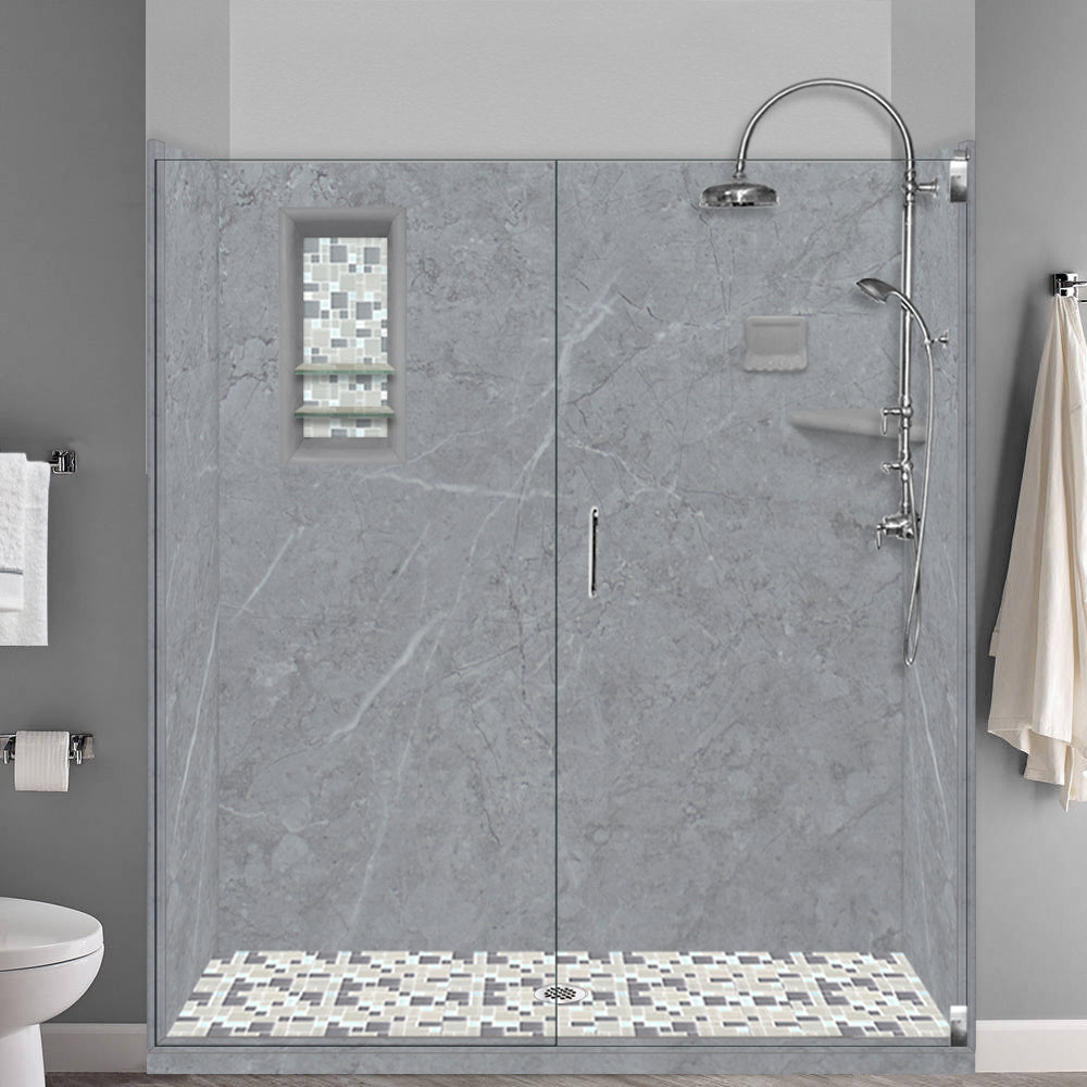 60" Alcove Grio Medici Marble & Newport Mosaic Accent Shower Remodel Kit