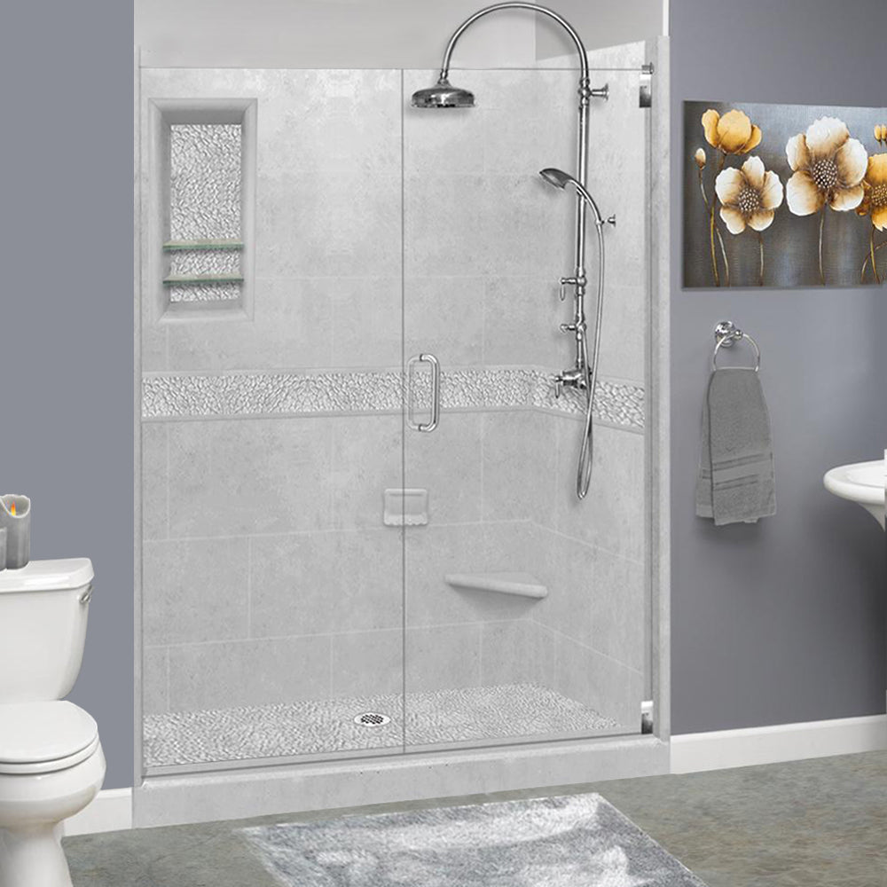60" Alcove Portland Cement Sistine Stone & Pebble Stone Accent Shower Remodel Kit