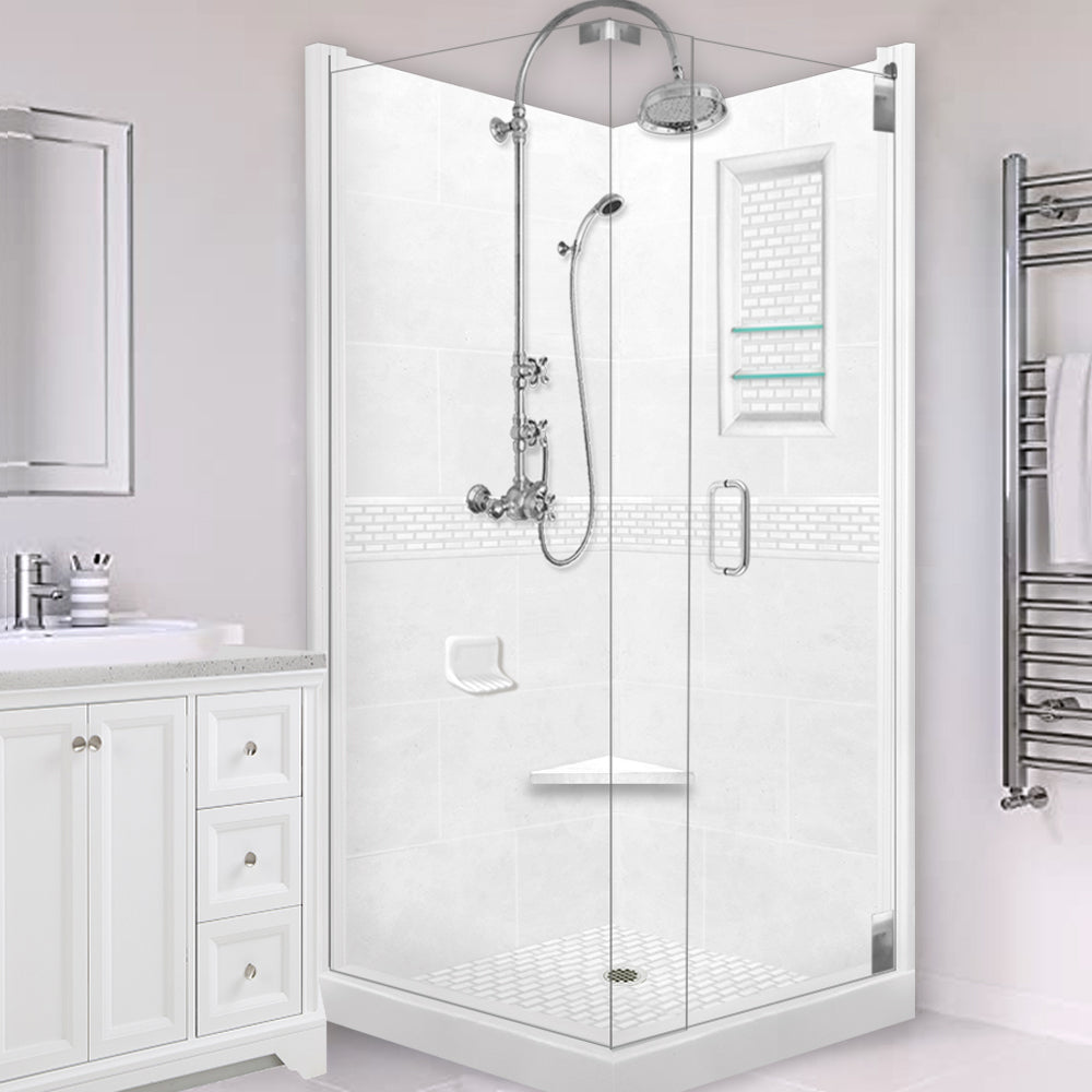 Corner Natural Buff Sistine Stone & Classic Stone Accent Shower Remodel Kit