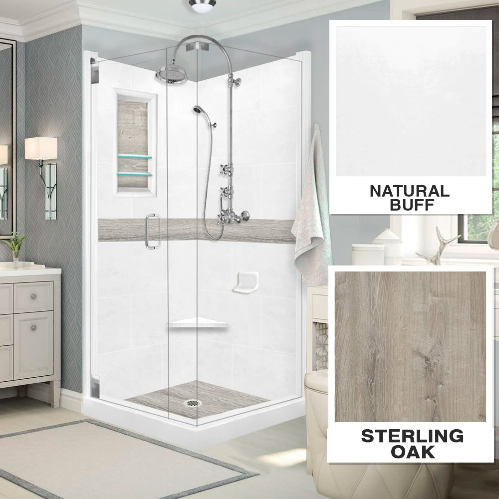 Corner Natural Buff Sistine Stone & Sterling Oak Wood Accent Shower Remodel Kit
