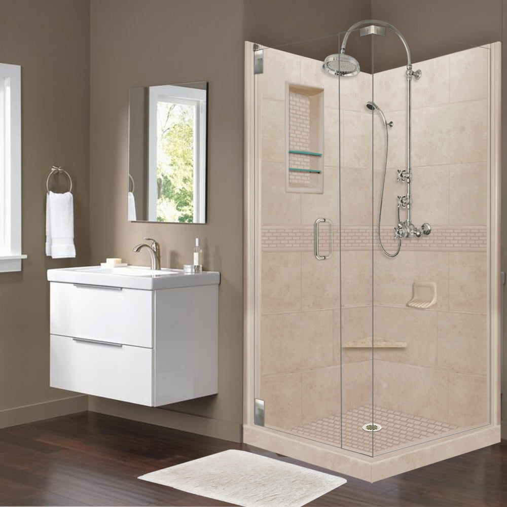 Corner Brown Sugar Sistine Stone & Classic Stone Accent Shower Remodel Kit