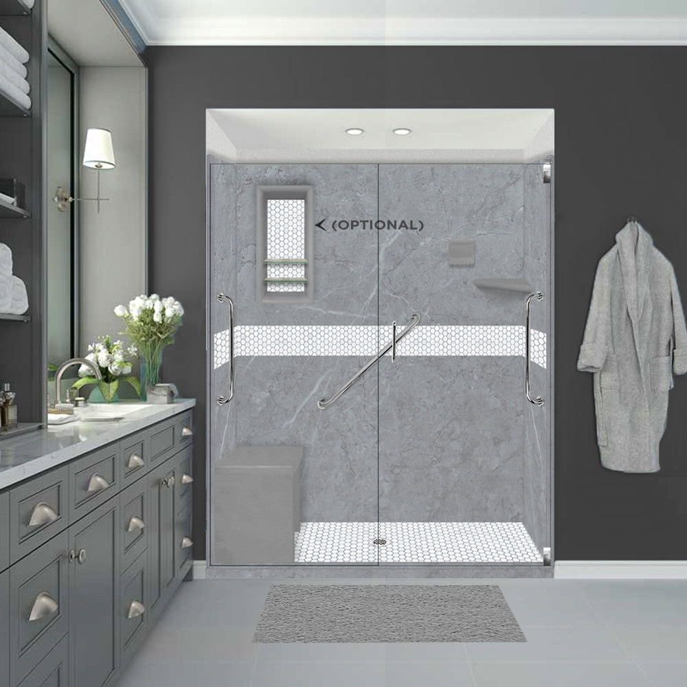 Freedom 60" Alcove Grio Medici Marble & Pearl Hex Mosaic Accent Shower Remodel Kit