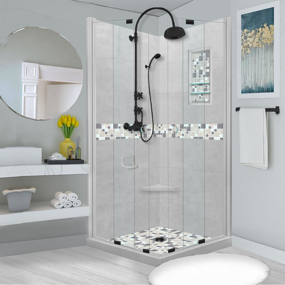 Corner Portland Cement Sistine Stone & Newport Mosaic Accent Shower Remodel Kit