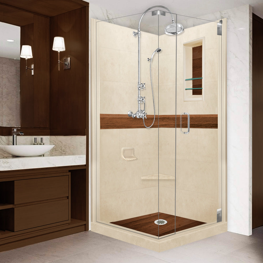 Corner Desert Sand Sistine Stone & Burnt Oak Wood Accent Shower Remodel Kit
