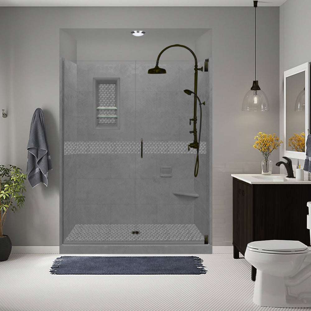 60" Alcove Wet Cement Sistine Stone & Jewel Stone Accent Shower Remodel Kit