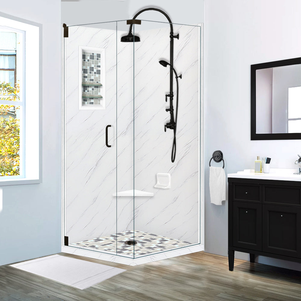 Carrara Marble Newport Mosaic Corner Shower Enclosure Kit