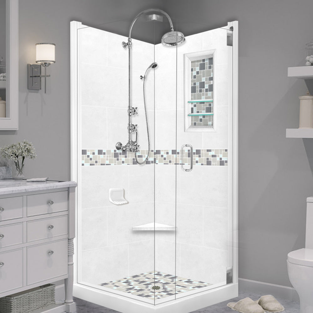 Corner Natural Buff Sistine Stone & Newport Mosaic Accent Shower Remodel Kit