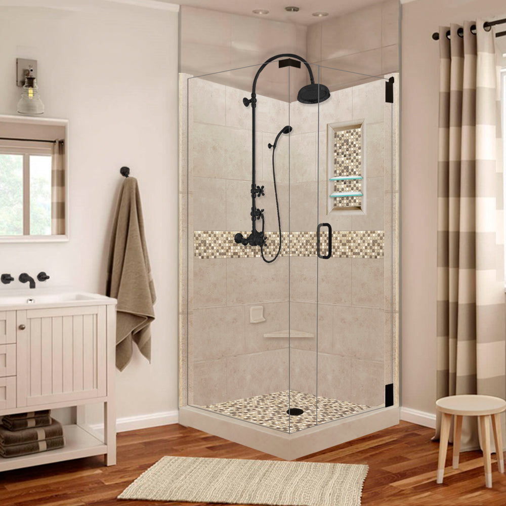 Corner Brown Sugar Sistine Stone & Roma Mosaic Accent Shower Remodel Kit