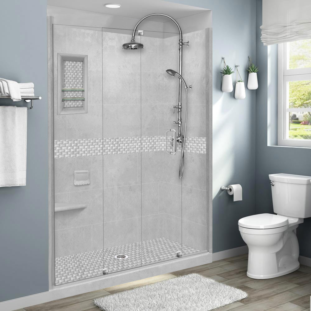 60" Alcove Portland Cement Sistine Stone & Jewel Stone Accent Shower Remodel Kit