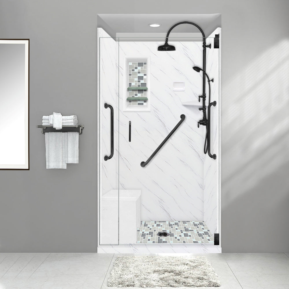 Freedom Carrara Marble Newport Mosaic Alcove Shower Enclosure Kit