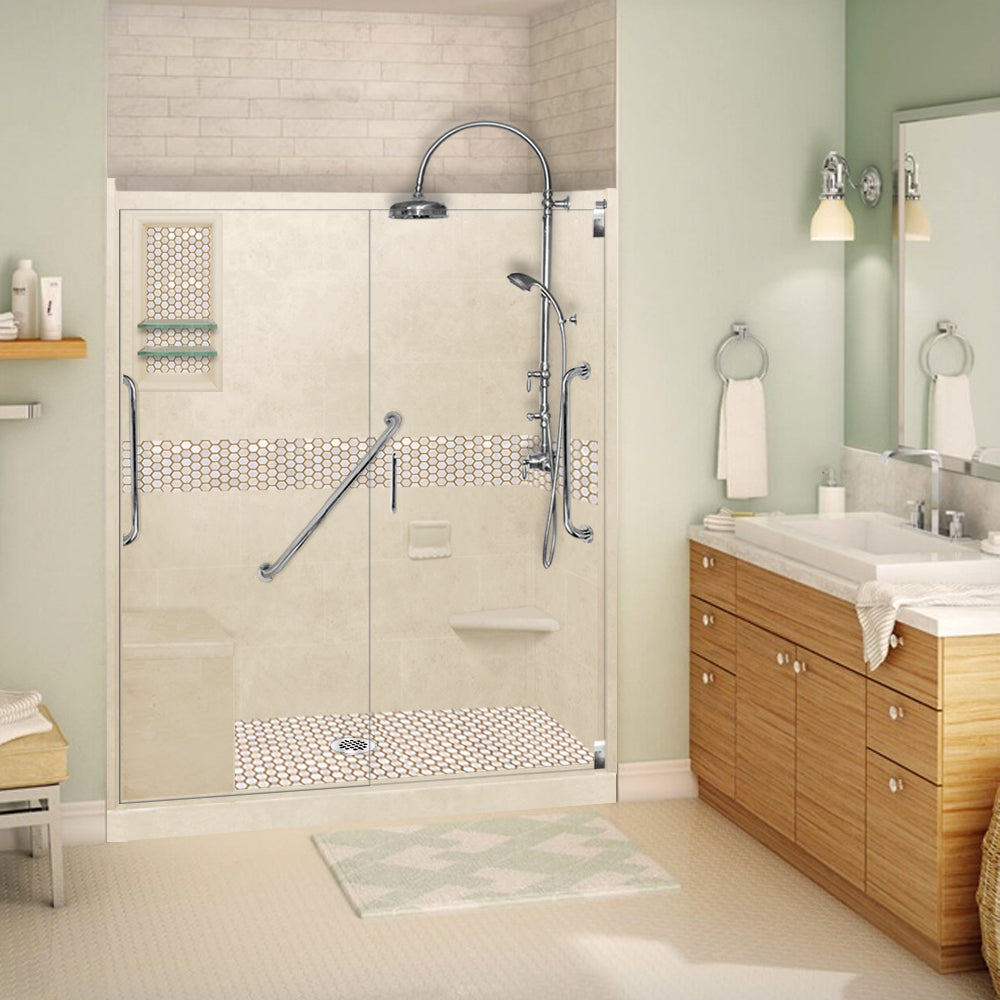 Freedom 60" Alcove Desert Sand Sistine Stone & Honey Hex Mosaic Accent Shower Remodel Kit