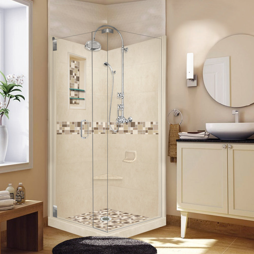 Corner Desert Sand Sistine Stone & Tuscany Mosaic Accent Shower Remodel Kit