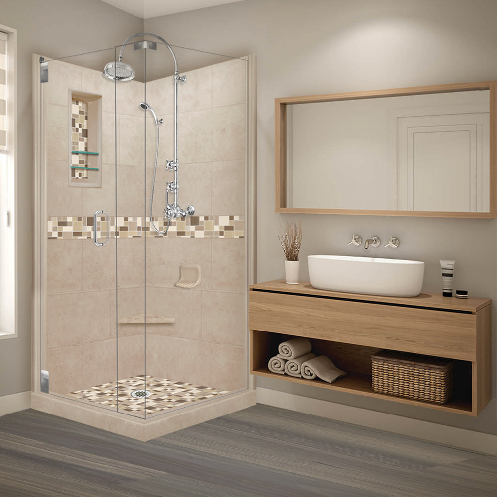 Corner Brown SUgar Sistine Stone & Tuscany Mosaic Accent Shower Remodel Kit