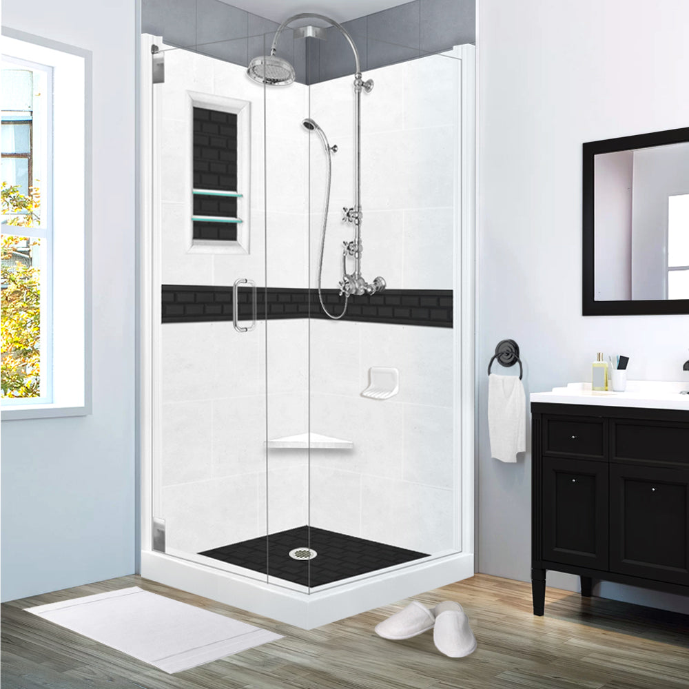 Corner Natural Buff Sistine Stone & Black Subway Stone Accent Shower Remodel Kit