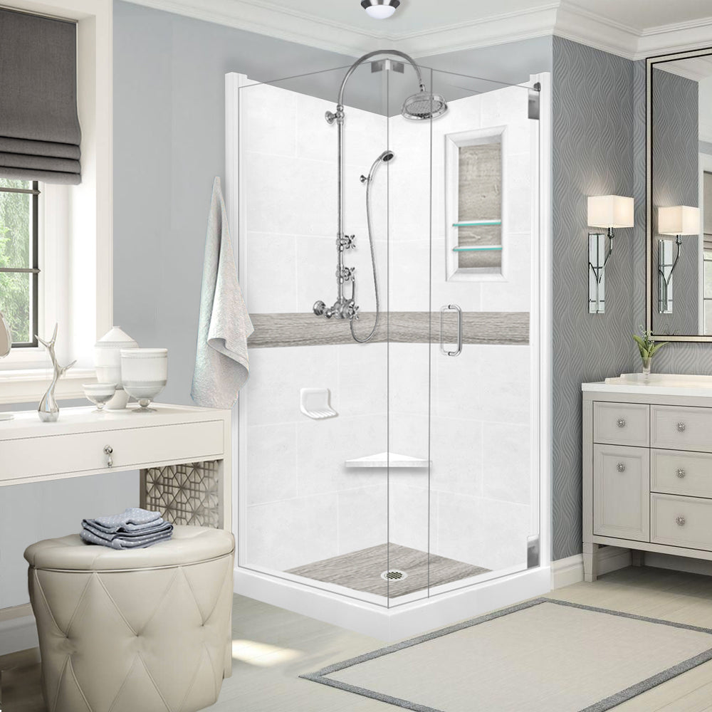 Corner Natural Buff Sistine Stone & Sterling Oak Wood Accent Shower Remodel Kit