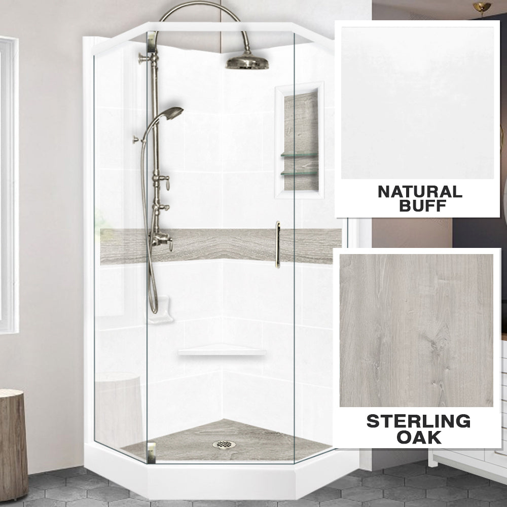 Neo-Angle Natural Buff Sistine Stone & Sterling Oak Wood Accent Shower Remodel Kit