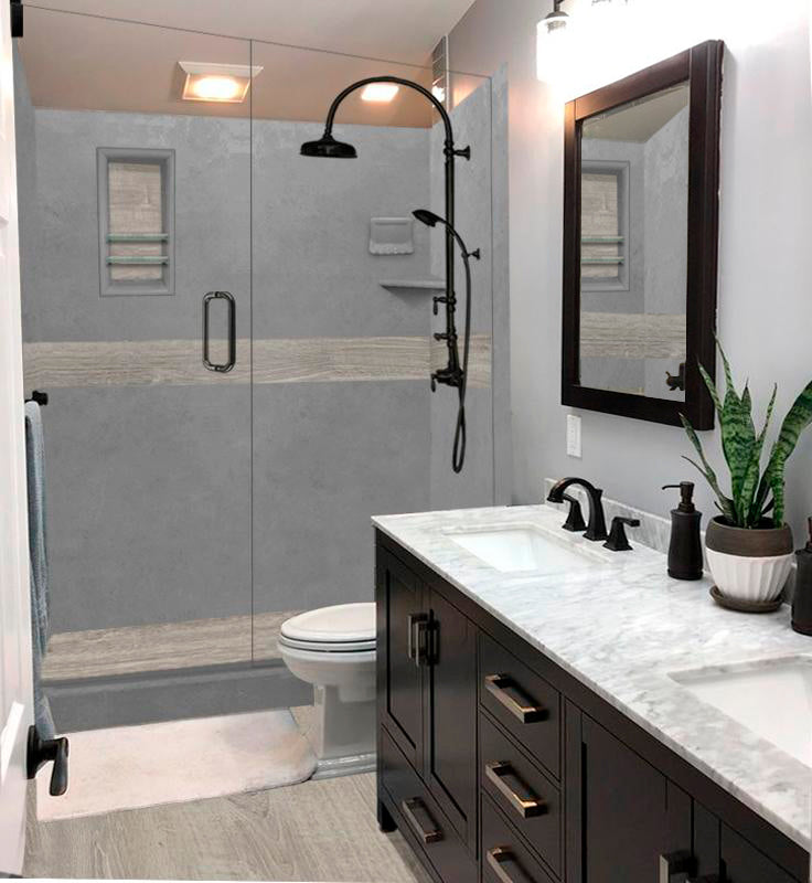 60" Alcove Wet Cement Sistine Stone & Sterling Oak Wood Accent Shower Remodel Kit