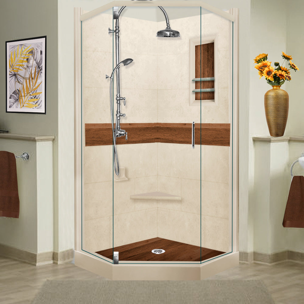 Neo-Angle Desert Sand Sistine Stone & Burnt Oak Wood Accent Shower Remodel Kit