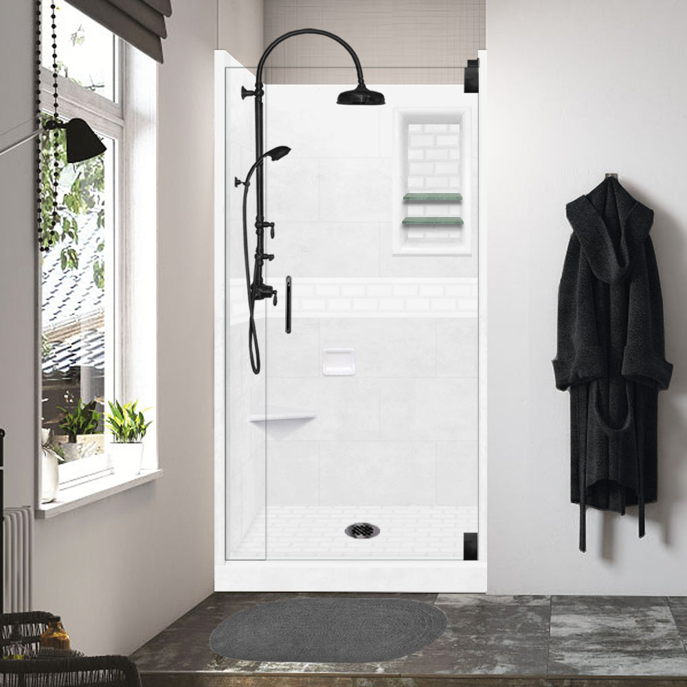 Alcove Natural Buff Sistine Stone & Subway Stone Accent Shower Remodel Kit