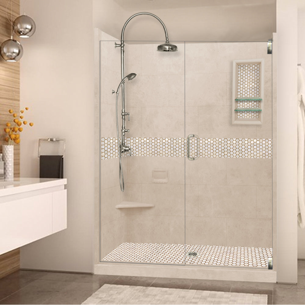60" Alcove Brown Sugar Sistine Stone & Honey Hex Mosaic Accent Shower Remodel Kit