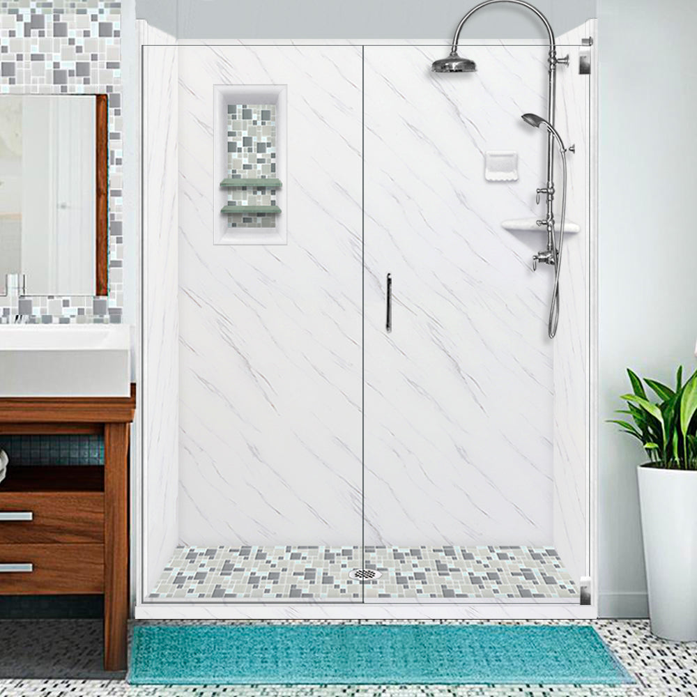 60" Alcove Carrara Medici Marble & Newport Mosaic Accent Shower Remodel Kit