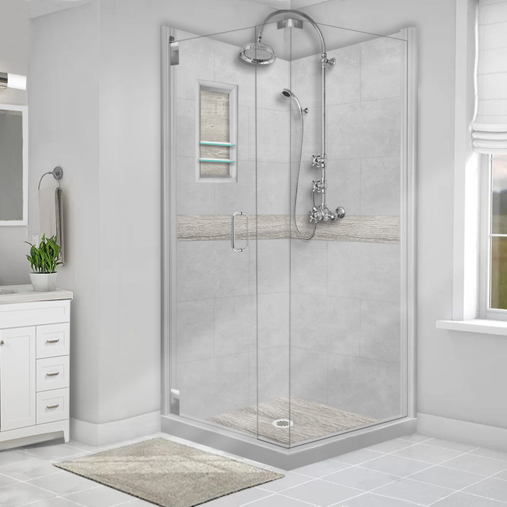 Corner Portland Cement Sistine Stone & Sterling Oak Wood Accent Shower Remodel Kit