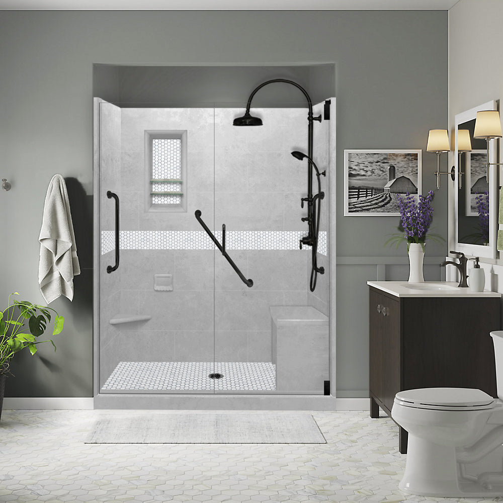 Freedom 60" Alcove Portland Cement Sistine Stone & Pearl Hex Mosaic Accent Shower Remodel Kit