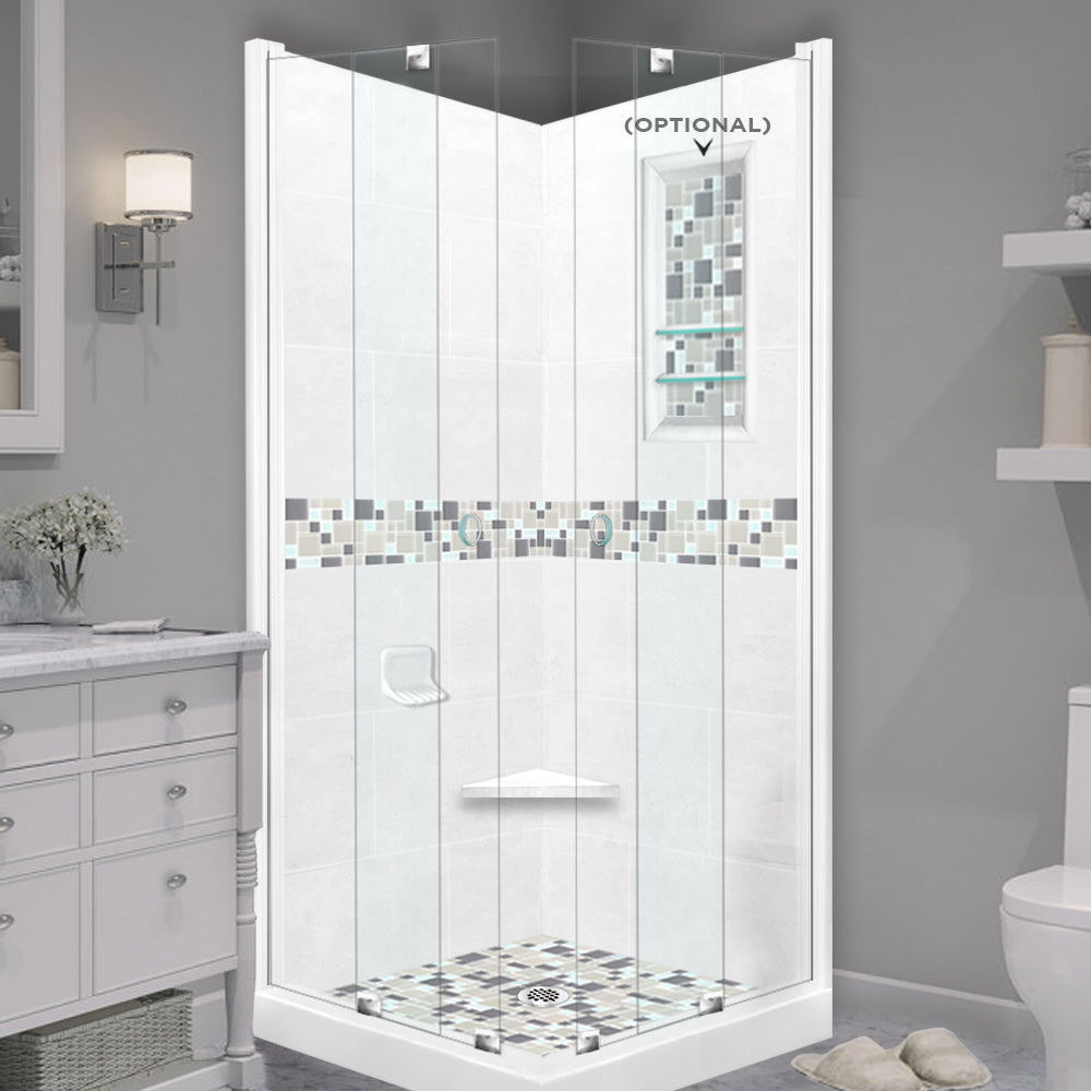 Corner Natural Buff Sistine Stone & Newport Mosaic Accent Shower Remodel Kit