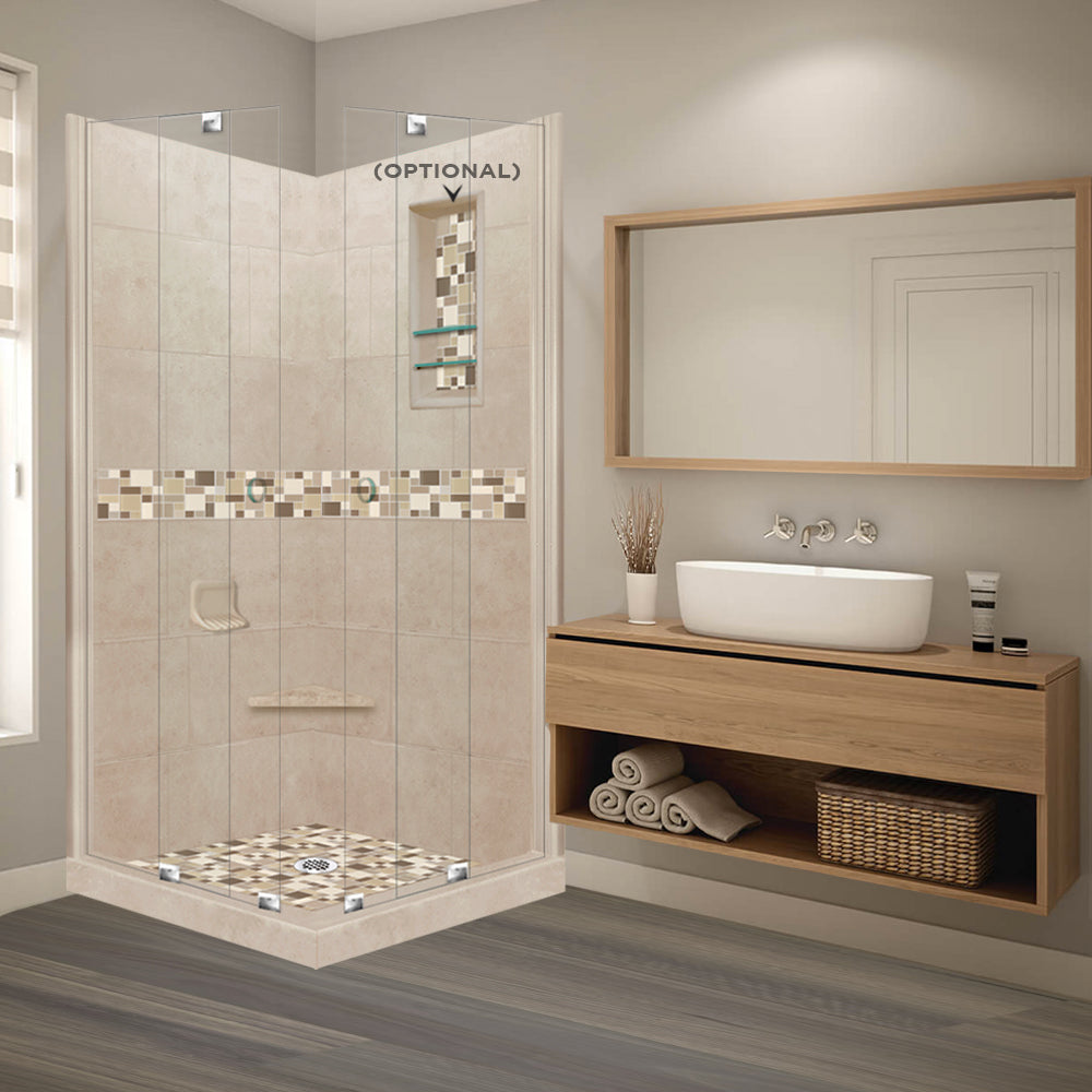 Corner Brown SUgar Sistine Stone & Tuscany Mosaic Accent Shower Remodel Kit