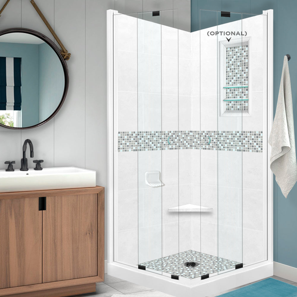 Corner Natural Buff Sistine Stone & Del Mar Mosaic Accent Shower Remodel Kit