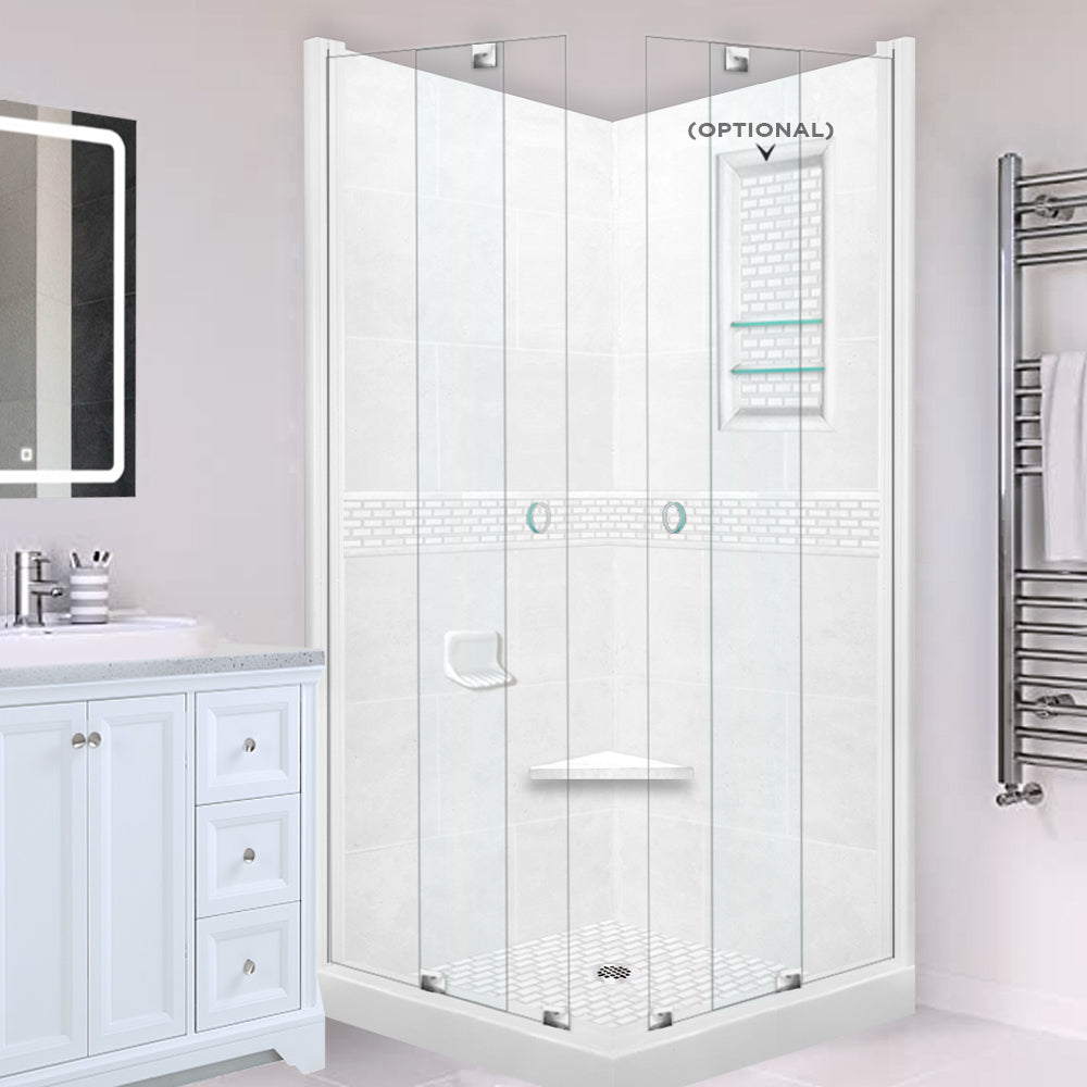 Corner Natural Buff Sistine Stone & Classic Stone Accent Shower Remodel Kit