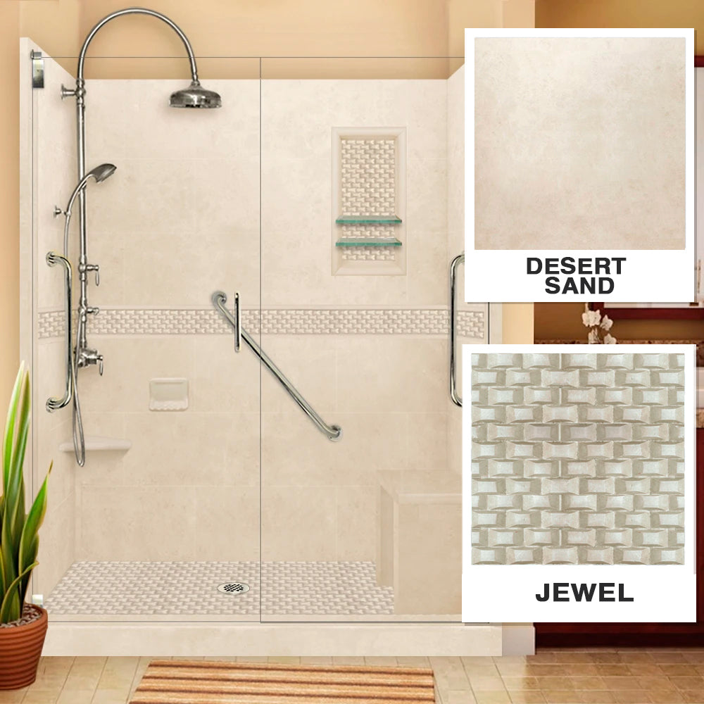 Freedom 60" Alcove Desert Sand Sistine Stone & Jewel Stone Accent Shower Remodel Kit
