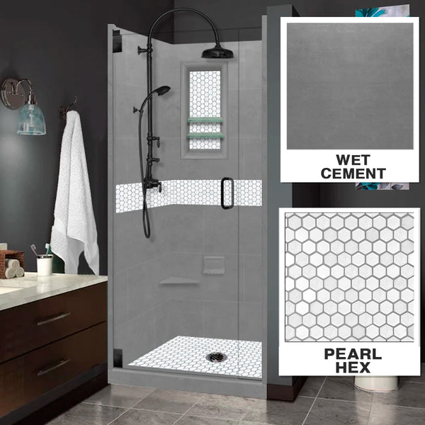 Pearl Hex Mosaic Wet Cement Corner Shower Enclosure Kit – American Bath  Factory