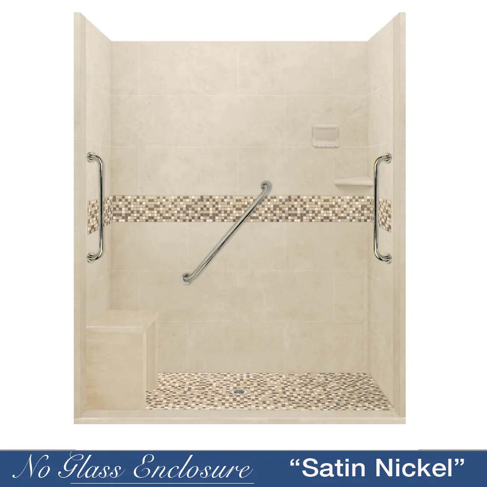 Freedom Zero 60" Alcove Desert Sand Sistine Stone & Roma Mosaic Accent Shower Remodel Kit