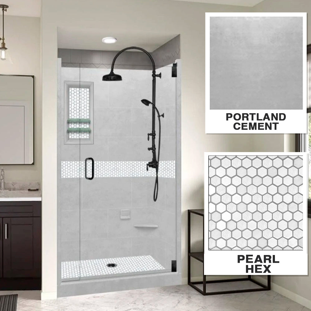 Alcove Portland Cement Sistine Stone & pearl Hex Mosaic Accent Shower Remodel Kit