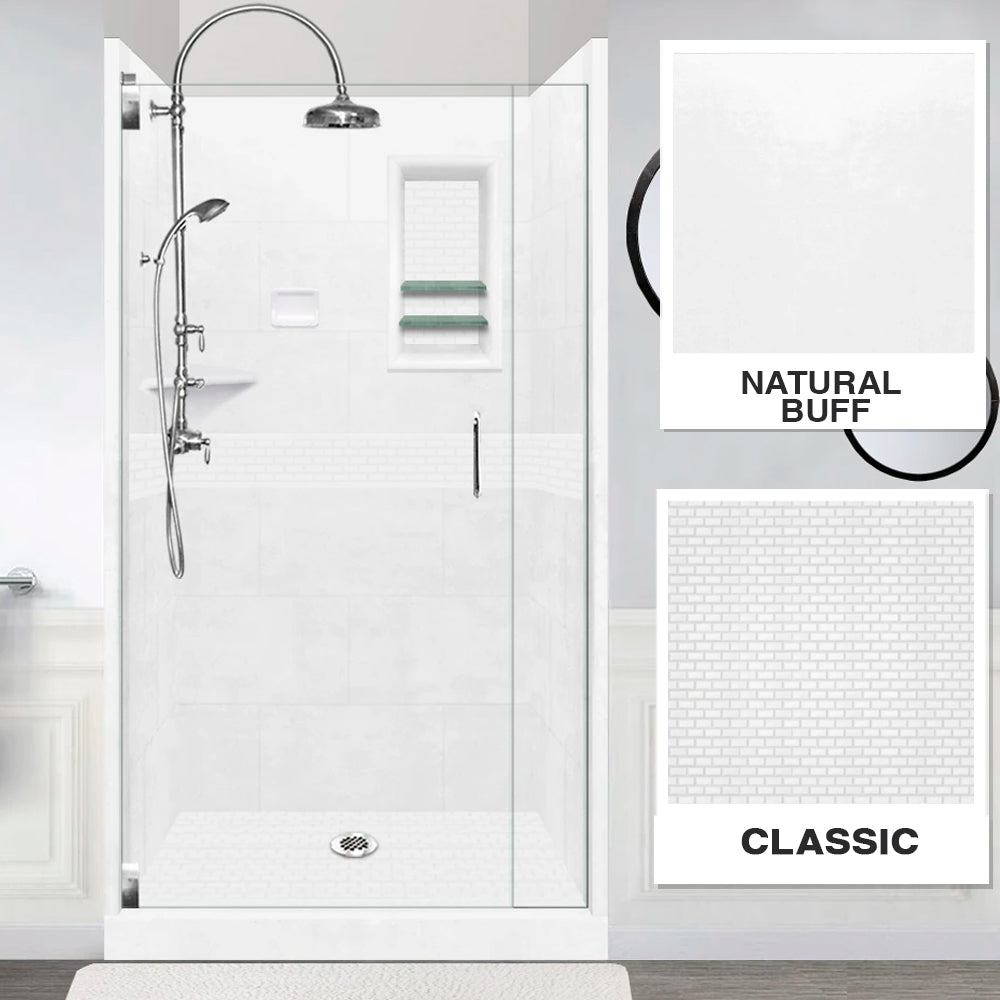 Alcove Natural Buff Sistine Stone & Classic Stone Accent Shower Remodel Kit