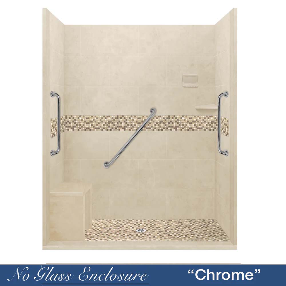 Freedom Zero 60" Alcove Desert Sand Sistine Stone & Roma Mosaic Accent Shower Remodel Kit