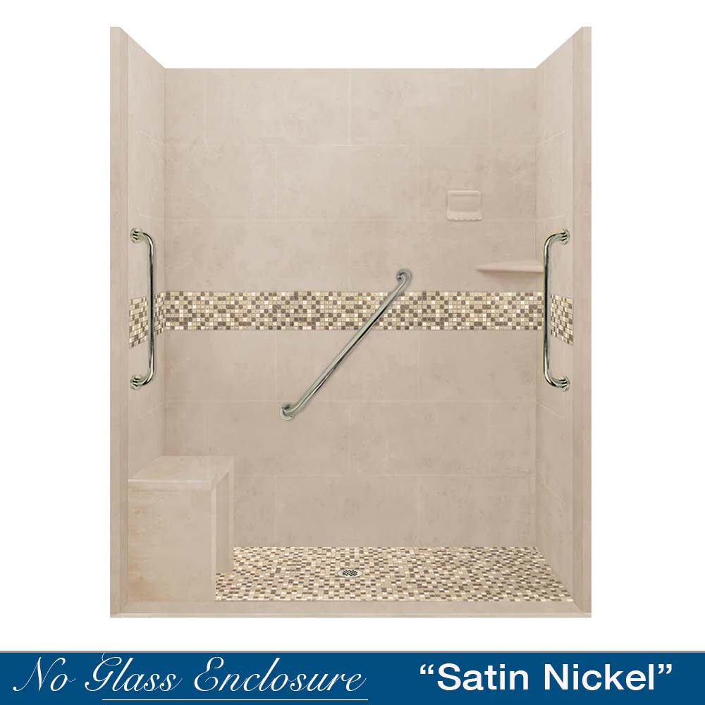 Freedom Zero 60" Alcove Brown Sugar Sistine Stone & Roma Mosaic Accent Shower Remodel Kit
