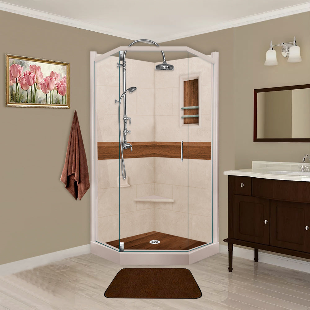Neo-Angle Brown Sugar Sistine Stone & Burnt Oak Wood Accent Shower Remodel Kit