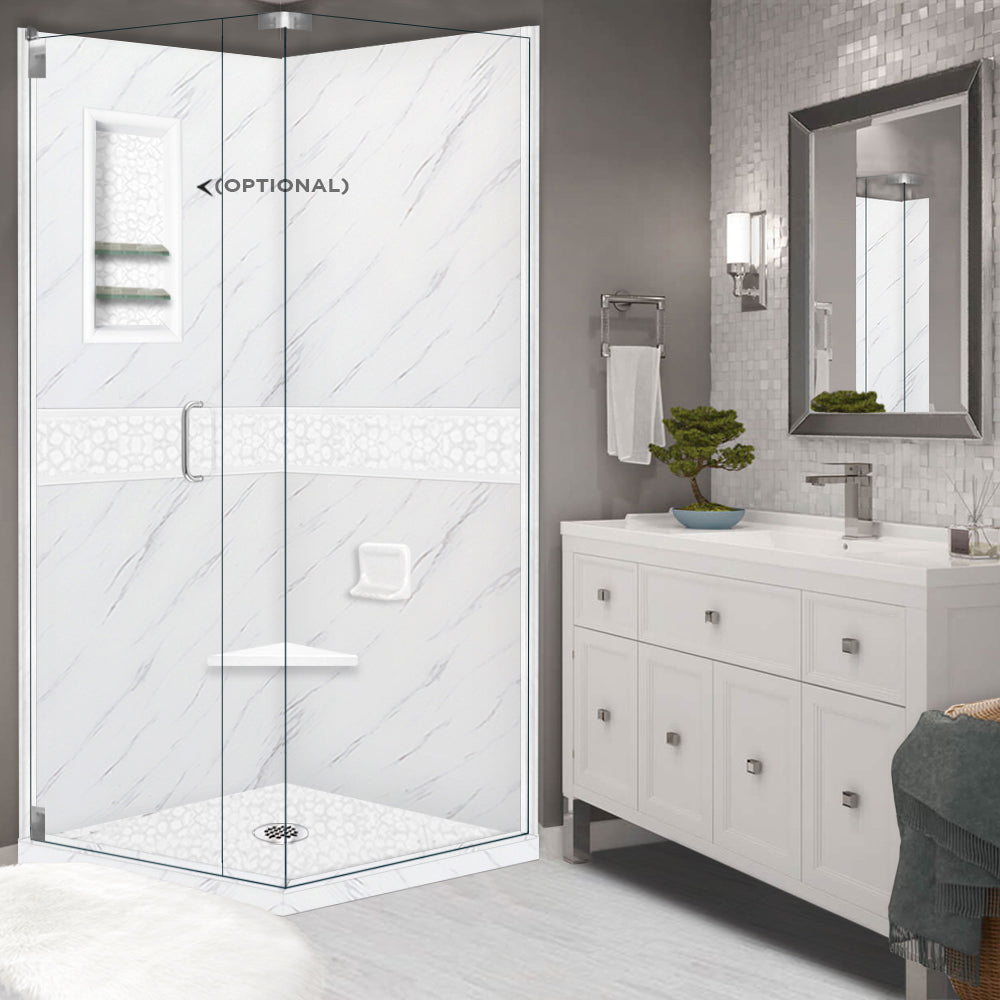 Carrara Marble Pebble Corner Shower Enclosure Kit