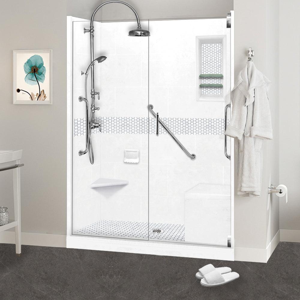 Freedom 60" Alcove Natural Buff Sistine Stone & Pearl Hex Mosaic Accent Shower Remodel Kit