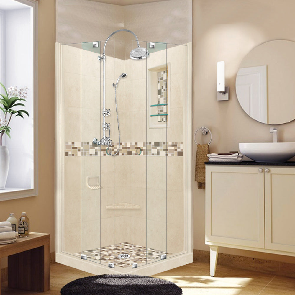 Corner Desert Sand Sistine Stone & Tuscany Mosaic Accent Shower Remodel Kit