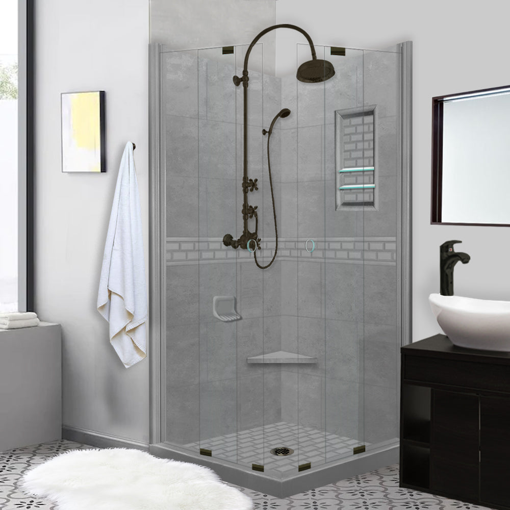 Corner Wet Cement Sistine Stone & Subway Stone Accent Shower Remodel Kit