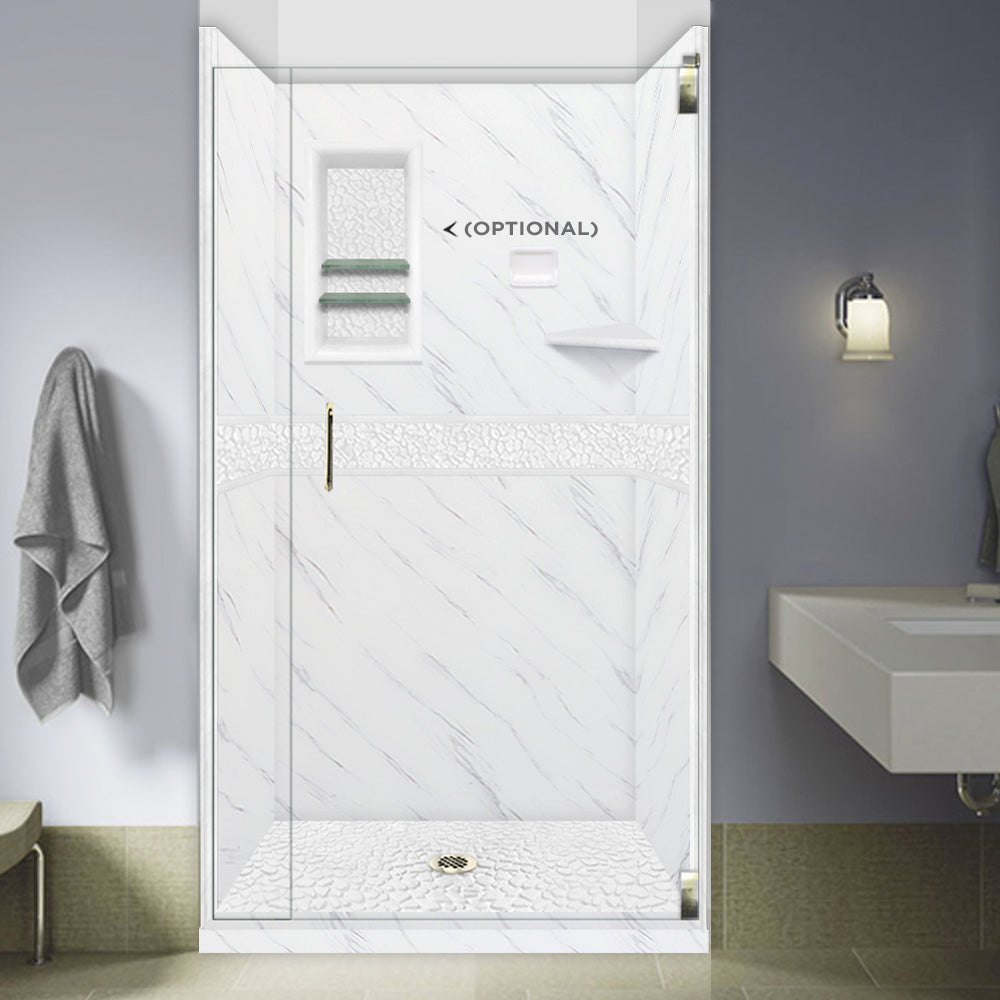 60" Alcove Carrara Medici Marble & pebble Stone Accent Shower Remodel Kit