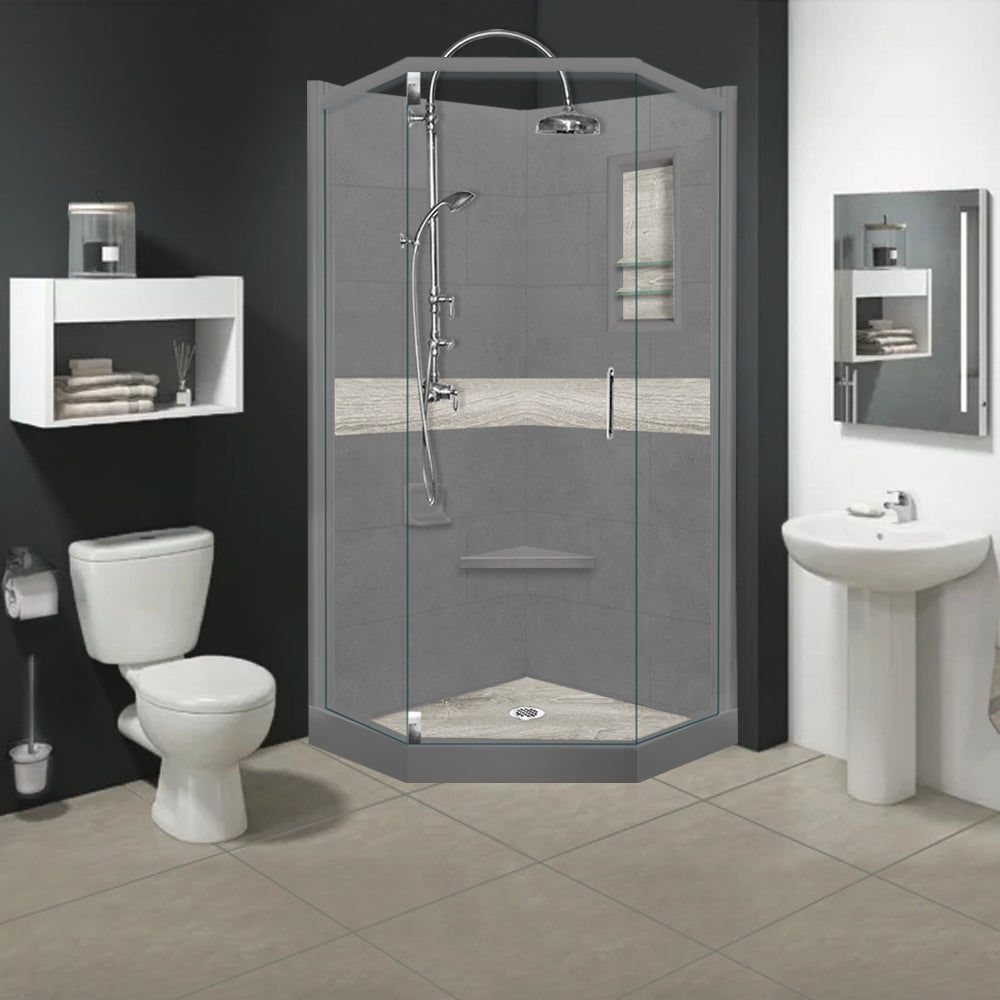 Neo Wet Cement Sistine Stone & Sterling Oak Wood Accent Shower Remodel Kit