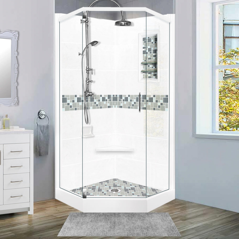 Neo-Angle Natural Buff Sistine Stone & Newport Mosaic Accent Shower Remodel Kit
