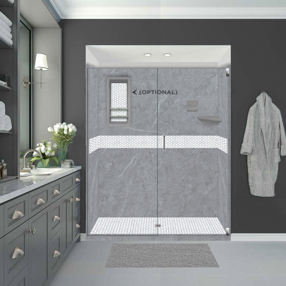 60" Alcove Grio Medici Marble & Pearl Hex Mosaic Accent Shower Remodel Kit