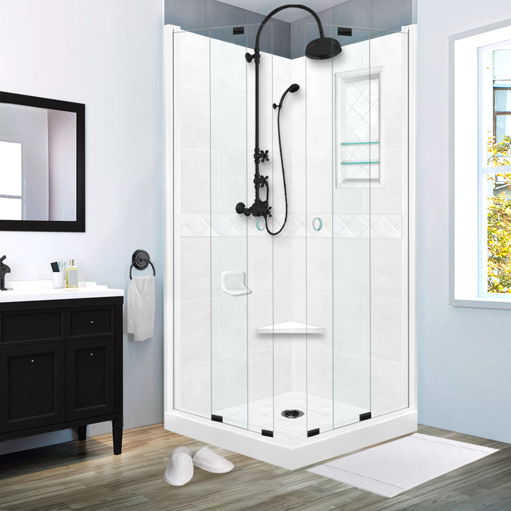 Corner Natural Buff Sistine Stone & Diamond Stone Accent Shower Remodel Kit