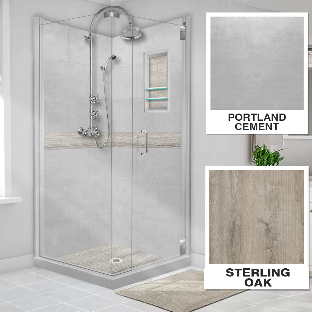 Corner Portland Cement Sistine Stone & Sterling Oak Wood Accent Shower Remodel Kit