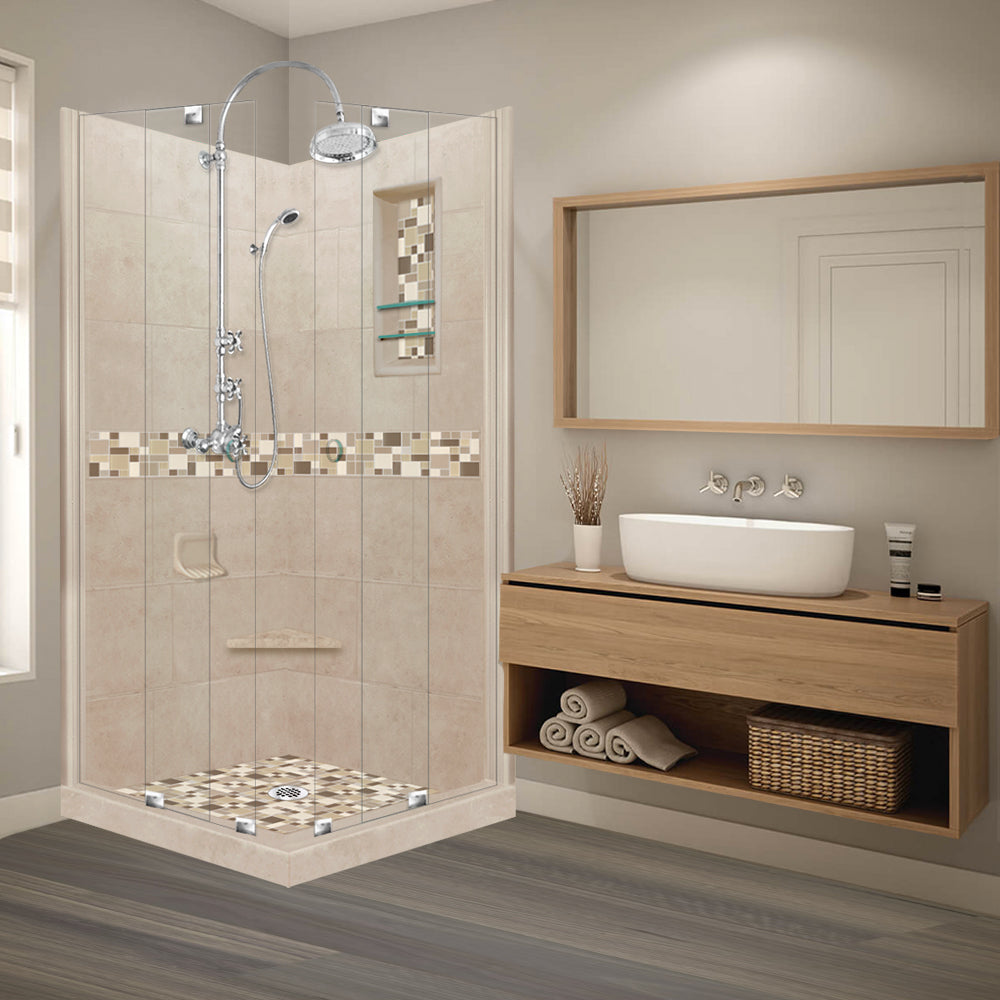 Corner Brown SUgar Sistine Stone & Tuscany Mosaic Accent Shower Remodel Kit